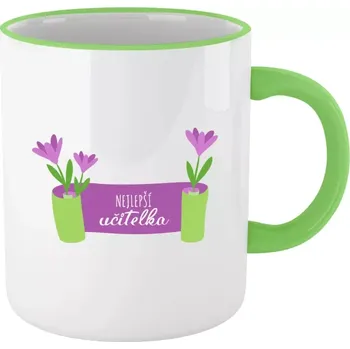 Hrnek 330 ml - barevný lem a ucho Nejlepší učitelka - fialové květiny