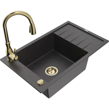 Granitový dřez Mexen Elias granitový dřez 1-komorový s odkapávačem a kuchyňskou baterií Savita, černý kropenatý - 6511-76-672601-50 Granitové dřezy s baterií