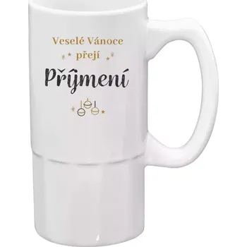 Sklenice Půllitr bílý vysoký Veselé Vánoce přejí - zlaté ozdoby