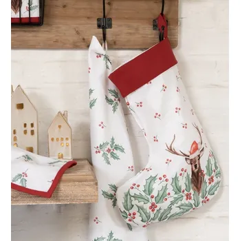 Vánoční dekorace Clayre & Eef Vánoční punčocha s jelenem Holly Christmas - 30*40 cm bílá