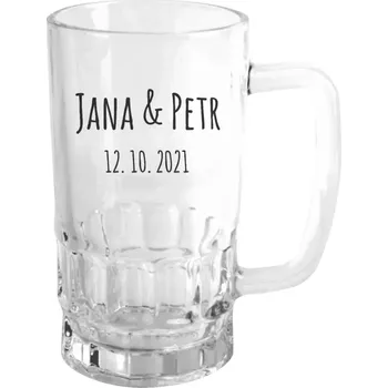 Sklenice Půllitr na svatbu nebo rozlučku - Jména a datum písmo 1 - čirý