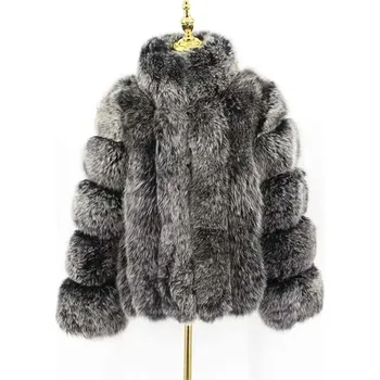 Dámská parka Zimní kožešinová bunda kožich se stojatým límcem Barva: Černo-Bílá, Velikost: 3XL