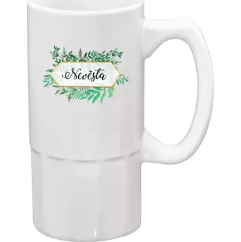 Sklenice Půllitr bílý vysoký Nevěsta zelené listy