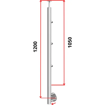 Zábradlí Hahn Steel Konfigurátor - nerezový sloupek O42,4mm - 3 x výplň O12mm - vnitřní, AISI 304 - brus, boční kotvení Typ držáku madla: Model 0718.242 - kulaté madlo ⌀42,4mm, Výška sloupku - nad podlahou: 1050mm, Parametry sloupku pod úrovní podlahy: 50*150mm
