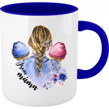 Hrnek pro maminku - Jsem máma - chlapeček a holčička - tmavě modrý vnitřek a ucho 330 ml