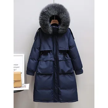 Dámská parka Dlouhá hřejivá parka s kachním peřím na zimu Velikost: L, Barva varianta: Námořnická pravá kožešina