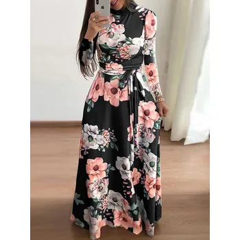 Dámské šaty Květované maxi šaty ve stylu vintage s páskem Velikost: 3XL, Barva (Varianta): long sleeve Black