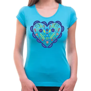 Pánská móda Dámské tričko - Květinové lidové srdíčko, Barva látky tyrkysová modrá, Střih Dámsky, Velikost Dětské 146cm/10let