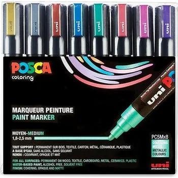 UNI PAINT Posca PC-5M 1.8 - 2.5 mm, metalické - sada 8 ks