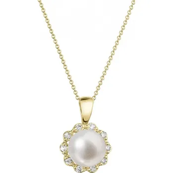 Náhrdelník Zlatý 14 karátový náhrdelník kytička s bílou říční perlou a brilianty 92PB00036