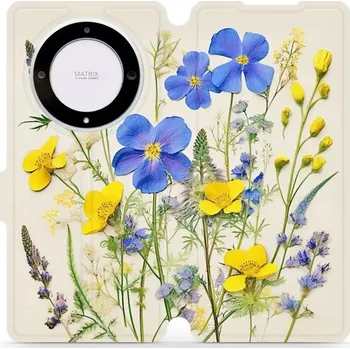 Pouzdro na mobilní telefon Flipové pouzdro Mobiwear - Honor Magic5 Lite 5G - VP41S Modré a žluté kvítky (Knížkové flip pouzdro, obal, kryt na mobil Honor Magic5 Lite 5G - VP41S Modré a žluté kvítky, materiál Umělá kůže + TPU - ochrana 360°, stojánek, silikonová vanička, magnetické)