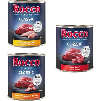 Krmivo pro psa 6x800g Rocco Classic míchané balení na zkoušku - nejprodávanější mix: hovězí, hovězí/drůbeží srdce, hovězí/kuřecí