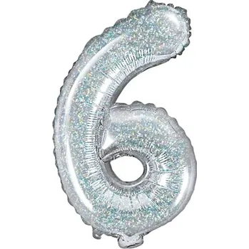 Balónek PartyDeco Fóliové číslo 6 holografické stříbrné, 35 cm