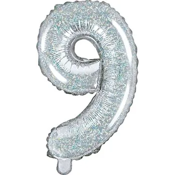 Balónek PartyDeco Fóliové číslo 9 holografické stříbrné, 35 cm