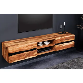 Televizní stolek Designový nástěnný TV stolek Mammut II z masivního sheesham dřeva se dvěma dvířky a poličkami 160cm