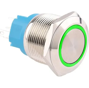 vypínač Spínač kovový s aretací, stříbrný, průměr 25mm, IP65 Zelená 12-24 V DC