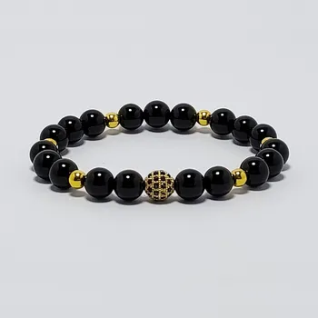 Náramek Damský náramek z minerálů 8 mm - černý onyx a mosaz s zirkóny (Micro Pave) Z8D11