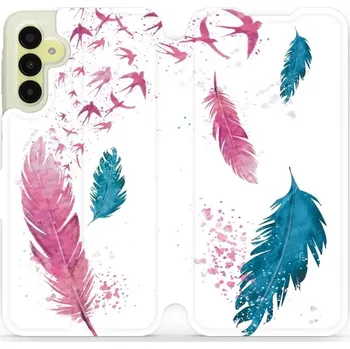 Pouzdro na mobilní telefon Flipové pouzdro Mobiwear - Samsung Galaxy A15 / A15 5G - MR08S Pírka (Knížkové flip pouzdro, obal, kryt na mobil Samsung Galaxy A15 / A15 5G - MR08S Pírka, materiál Umělá kůže + TPU - ochrana 360°, stojánek, silikonová vanička, magnetické zavírání)