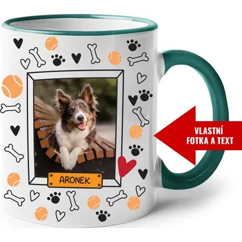Hrnek s vlastní fotkou pejska a jménem 3, Barva Zelená, Velikost 330 ml, Canvas Keramický hrnek s barevným uchem Bezvatriko.cz 2333