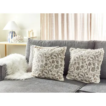 Polštář Sada 2 dekoračních polštářů bílá a šedá bavlna 45 x 45 cm čtvercový ručně tištěný květinový vzor odnímatelný potah Beliani