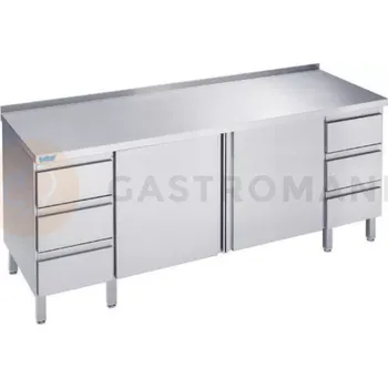 Nerezový dřez Pracovní stůl 1600x600x900 mm se 2 policemi, 2 dvířky, 2 bloky po 3 šuplíky a pracovní deskou se zadním lemem | RILLING, ASF 0616C S3B0