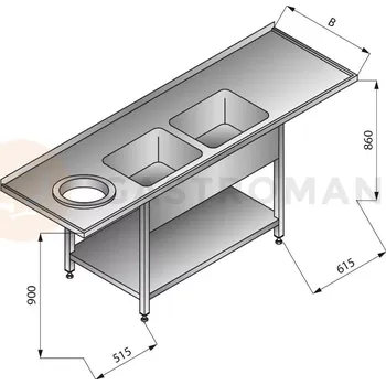 Nerezový dřez Stůl s dvoukomorovým dřezem a otvorem na odpadky a policí, vlevo, 2300x700x900 mm | LOZAMET, LO355/L