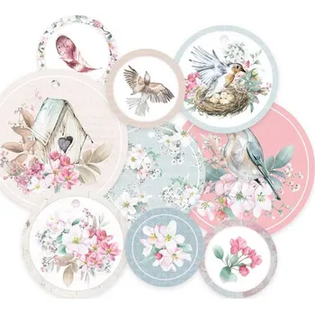 Umělecký papír Dekorativní visačky kulaté P13 - Birdhouse sada 9 ks