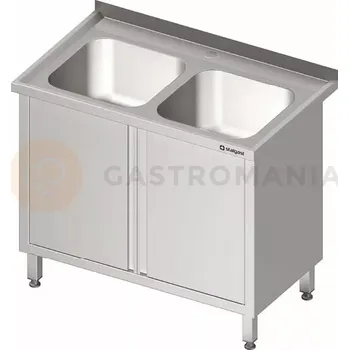 Kuchyňská linka Stůl nerezový s dřezem dvoukomorovým a se skříňkou s křídlovými dvířky 1000x600x850 mm | STALGAST, 980866100