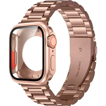 Příslušenství k chytrým hodinkám Sada ocelový řemínek + ochranný obal s tvrzeným sklem ve vzhledu Apple Watch Ultra pro Apple Watch 41mm Barva: Růžová