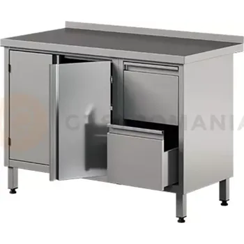 Nerezový dřez Nerezový přístěnný stůl se 2 zásuvkami a skříňkou, křídlové dveře 1500x600x850 mm | ASBER, WM-156-PL-2HD-2DR