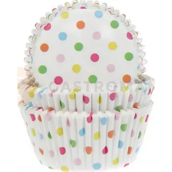 Kuchyňská sůl Košíčky na cupcake, průměr 5 cm, 50 ks barevné puntíky | HOUSE OF MARIE, HM4679
