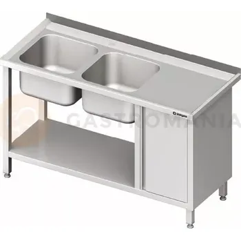 Kuchyňská linka Stůl nerezový s dřezem dvoukomorovým na levé straně se skříňkou a policí 1600x600x850 mm | STALGAST, 981066160
