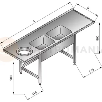 Nerezový dřez Stůl s dvoukomorovým dřezem a otvorem na odpadky vlevo, 2300x700x900 mm | LOZAMET, LO354/L