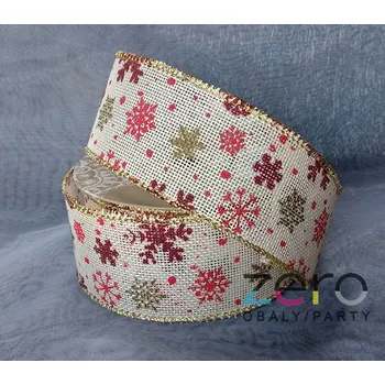 Stuha Stuha jutová 5 cm x 7 y - bílá s tiskem vloček a okrajem