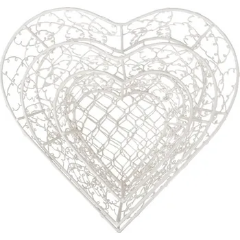 Bytová dekorace 3ks bílý drátěný kovový košík ve tvaru srdce - 25*25*7 / 20*20*6 / 15*15*6 cm