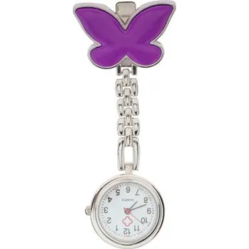 Módní doplněk Kovové připínací kapesní hodinky se motýlkem nejen pro zdravotní sestru - Fialová
