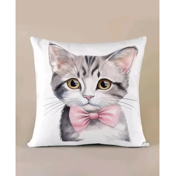 Povlak na dekorativní polštářek Povlak na polštář, kotě s růžovou mašlí