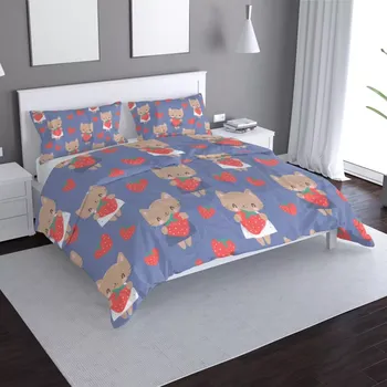 Povlečení Saténové povlečení Kočičky s jahodami - Sablio - 140x220 / 90x70