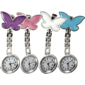 Hodinky Kovové připínací kapesní hodinky se motýlkem nejen pro zdravotní sestru Fialová