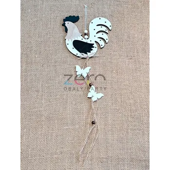 Velikonoční dekorace Kohout dřevěný závěsný s přízdobou - bílá/černá/přírodní