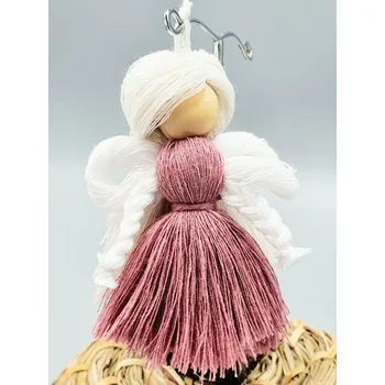 Vánoční dekorace Originální andělka z příze závěsná Starorůžová se smetanovými vlasy