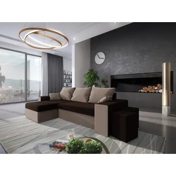 Sedací souprava Rohová sedačka AGUDONG s taburety, hnědá/béžová + vyzvednutí ZDARMA