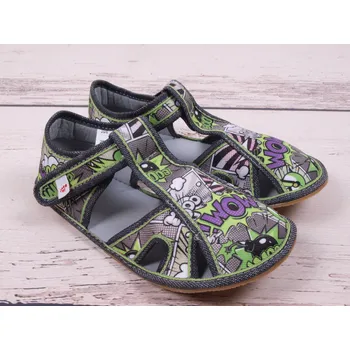 Chlapecká obuv Bačkůrky capáčky BAREFOOT EF 386 Graffiti zelenošedé, otevřené velikost: 32