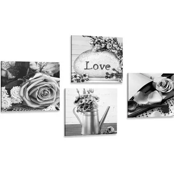 Obraz Dovido Set obrazů černobílé vintage zátiší s nápisem Love