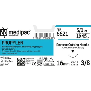 Chirurgická jehla MEDIPAC Propylen - USP 5/0, EP 1.0, jehla řezná 3/8 - jehla 24 mm, délka 45 cm