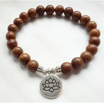 Náhrdelník Blingstar Náramek dřevěný WOOD korálky - Lotos květ - Korunní čakra