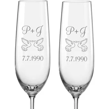 Sklenice Skleničky na sekt k výročí svatby HOLUBICE, 2 ks (Do poznámky v nákupním košíku napište iniciály a datum výročí)