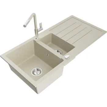 Granitový dřez MEXEN/S - Andres granitový dřez s odkapávačem včetně baterie Flora, béžová 6515-69-670401-09