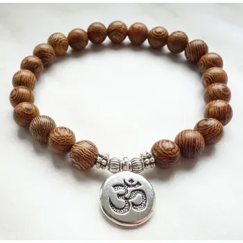 Náhrdelník Blingstar Náramek dřevěný WOOD korálky - Hindu Óm přívěsek