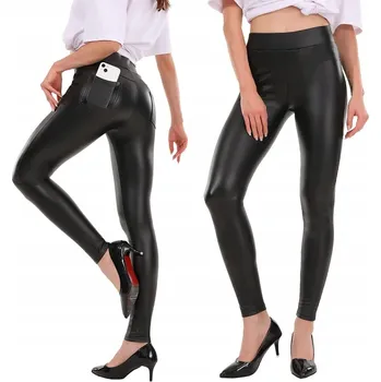 Dámské legíny V&amp;V Legíny - vzhled lesklá kůže s kapsami - S / M